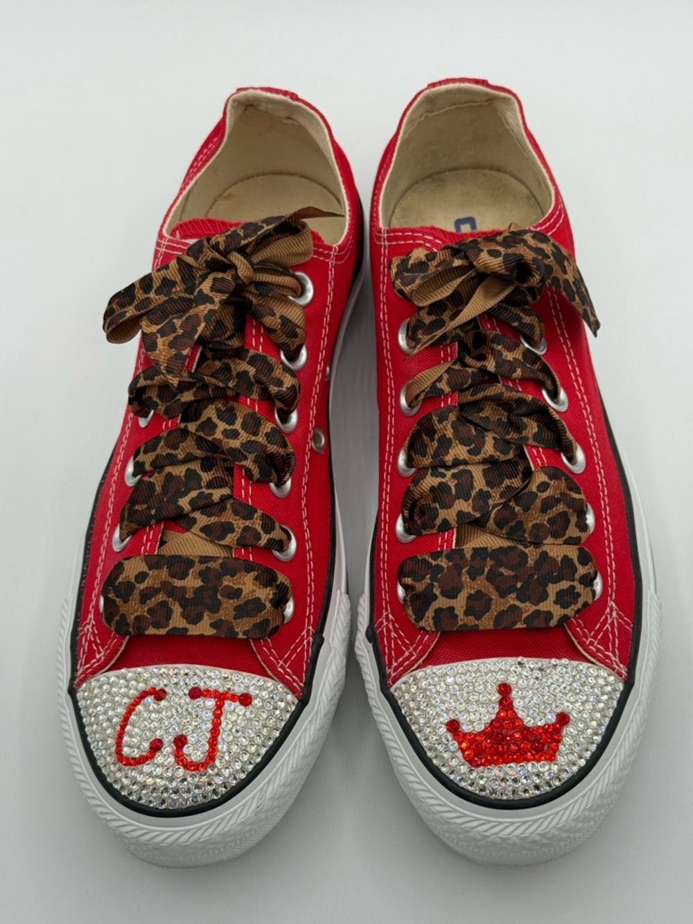 Custom Red Converse Sneakers w/ Leopard Laces & Rhinestone Low Top Chuck Taylors - Picture 8 of 16